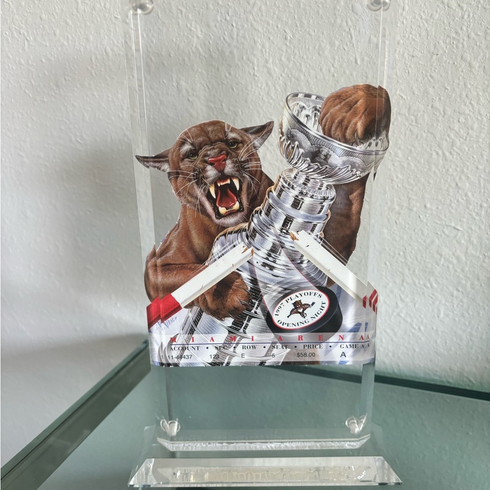 1997 Florida Panthers playoff ticket in case in acrylic